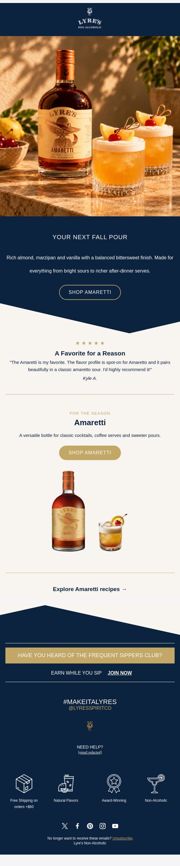 Your Next Fall Pour: Amaretti email from Lyre's screenshot