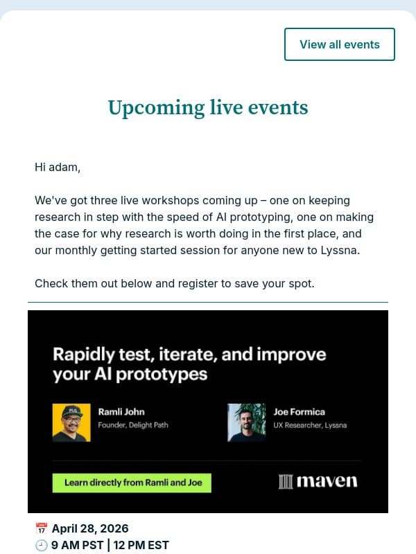 Live events: What's the ROI of doing this research? Learn how to answer that question email from Lyssna