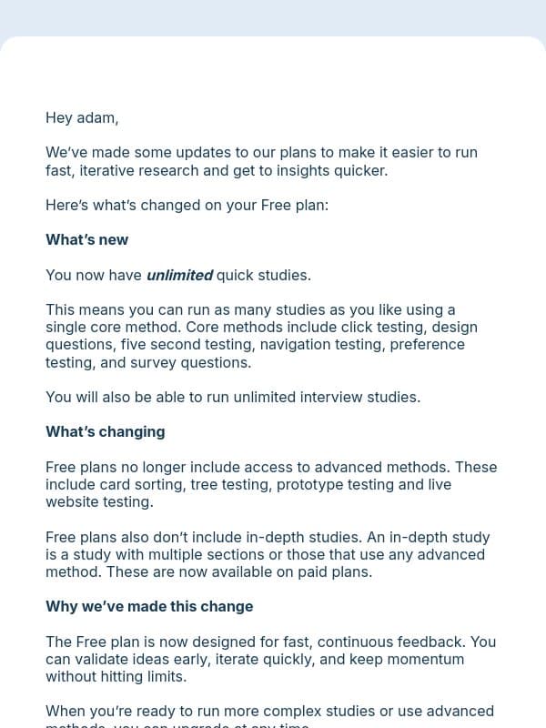 Updates to your free plan email from Lyssna