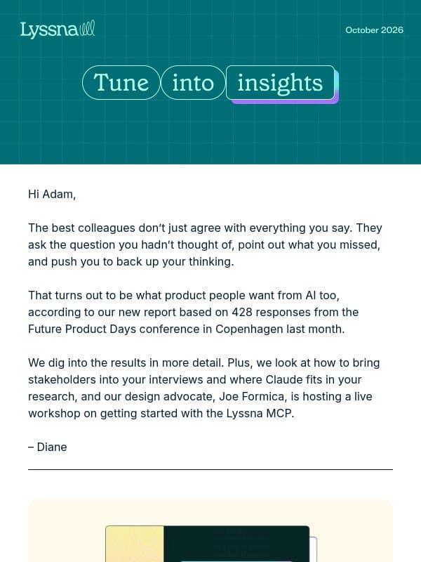 Should AI push back on your research? email from Lyssna