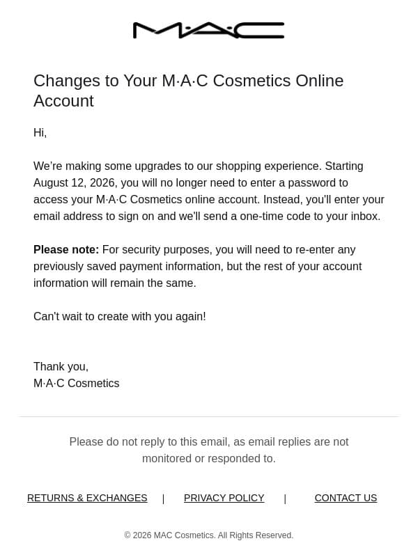 Changes to Your M·A·C Cosmetics Online Account email from MAC Cosmetics