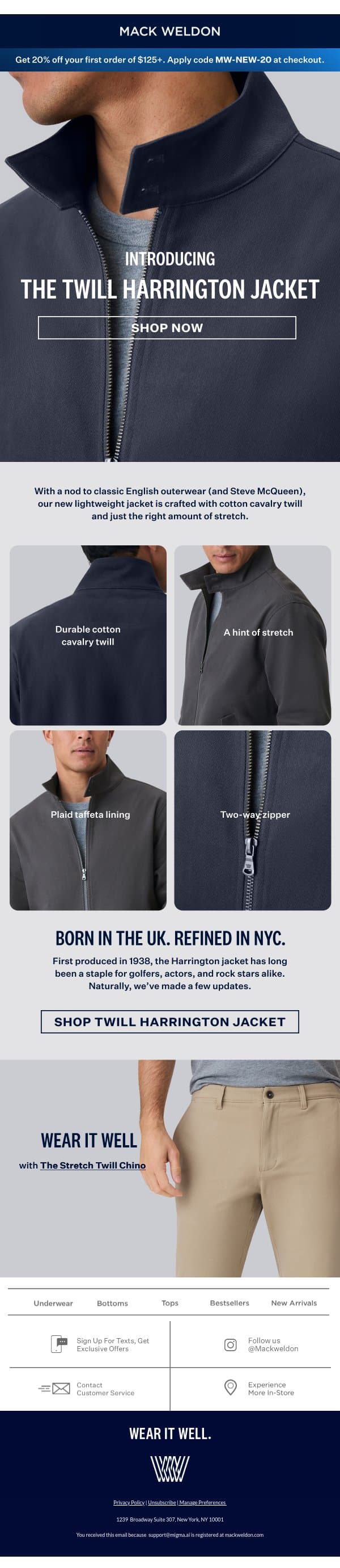 Just dropped: Our new spring jacket. email from Mack Weldon screenshot