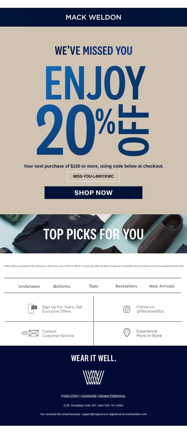Here's 20% off. email from Mack Weldon screenshot