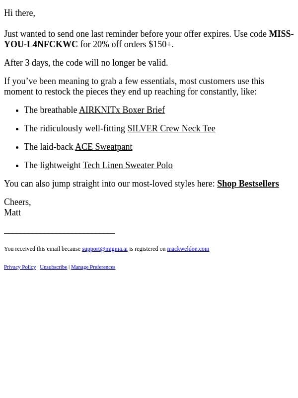 Your 20% off expires in 3 days. email from Mack Weldon screenshot