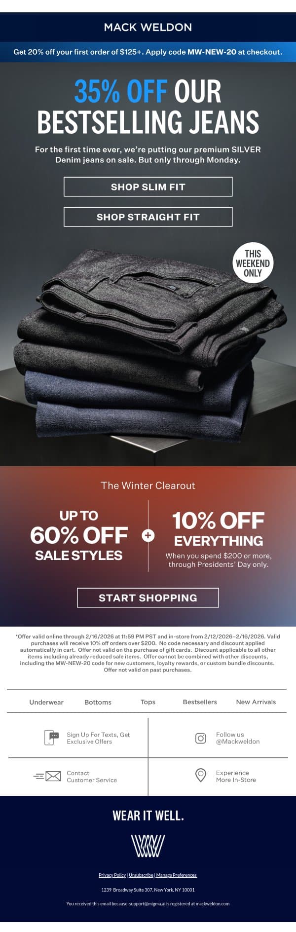 35% off SILVER Denim, this weekend only. email from Mack Weldon screenshot