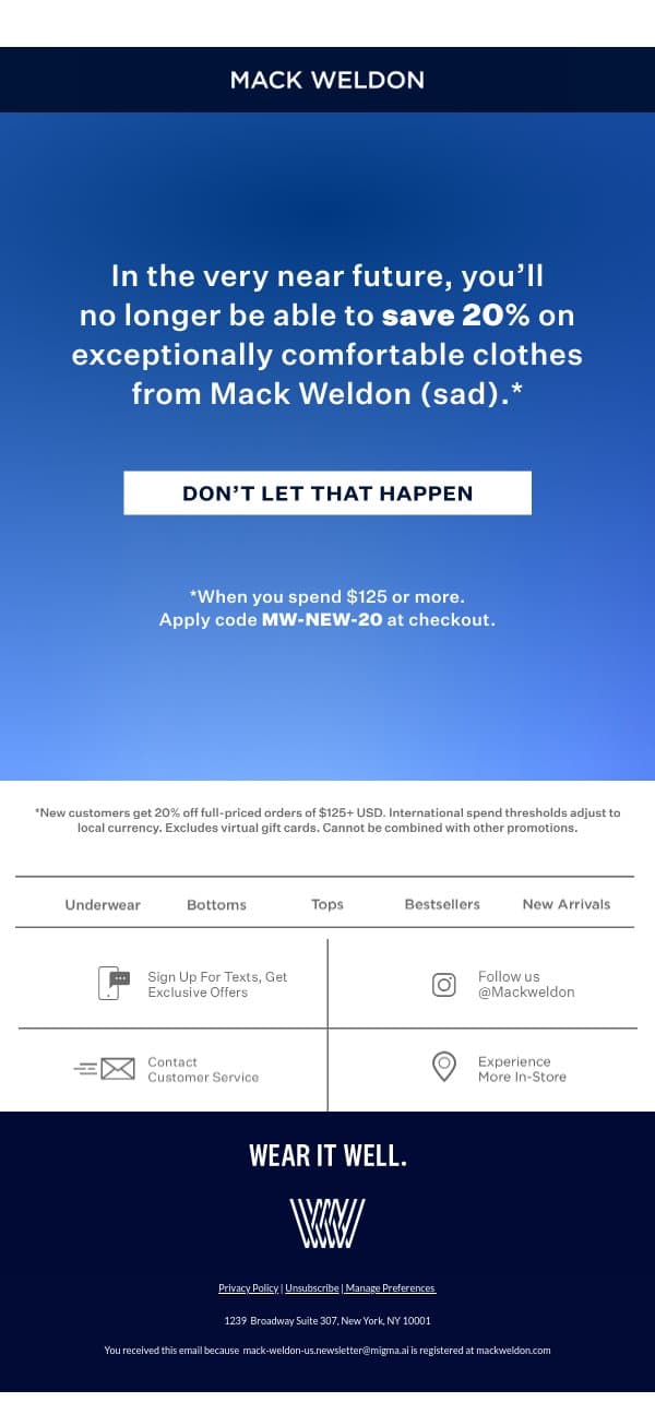 LAST CALL: 20% off expires soon. email from Mack Weldon screenshot