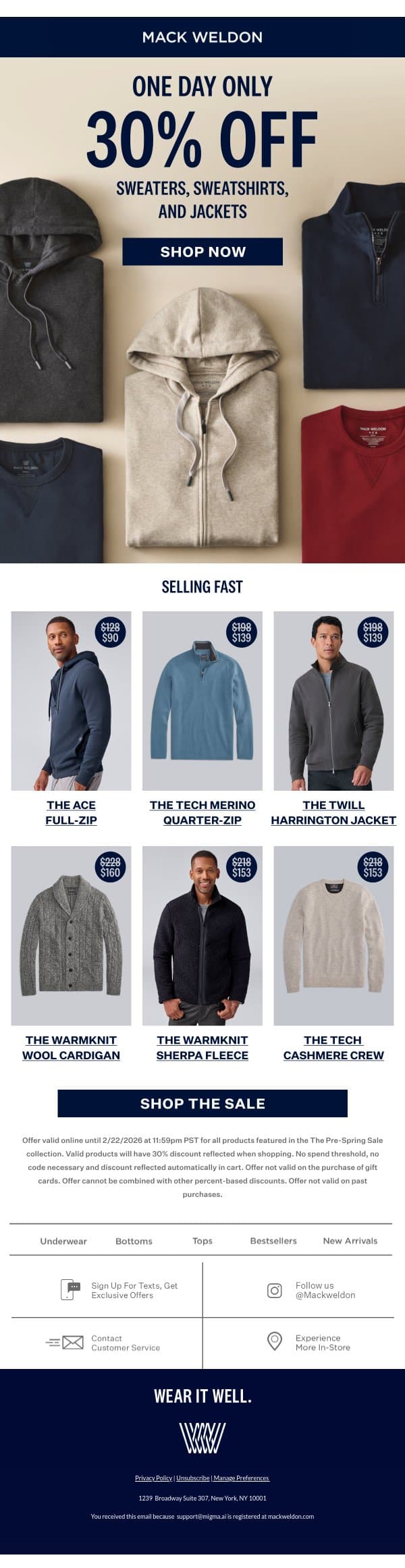 1 DAY ONLY: 30% off spring styles. email from Mack Weldon screenshot