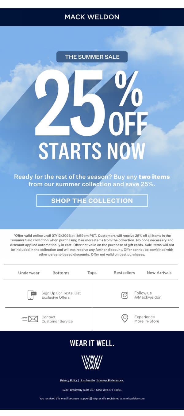 Pssst: The Summer Sale is here. email from Mack Weldon screenshot