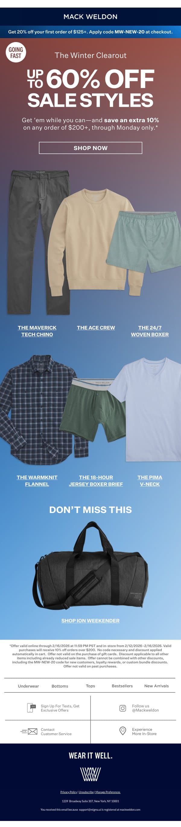 Up to 60% off top styles. email from Mack Weldon screenshot