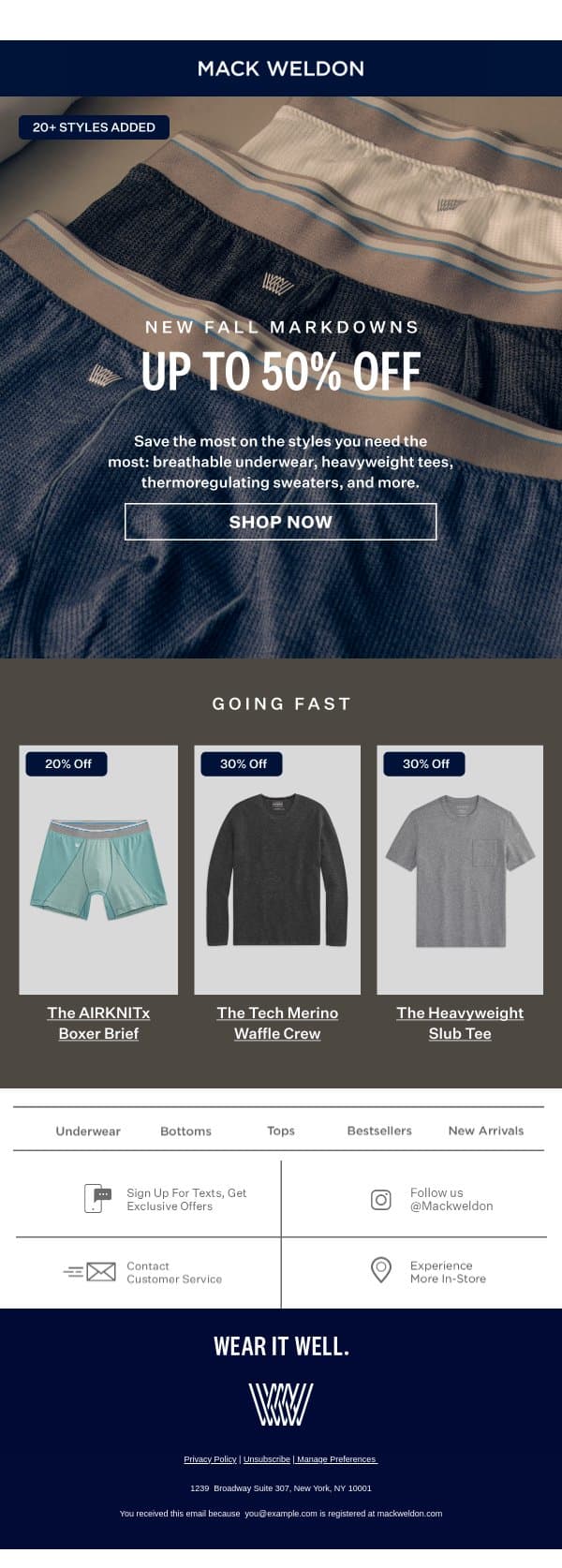 Up to 50% off NEW sale styles. email from Mack Weldon screenshot