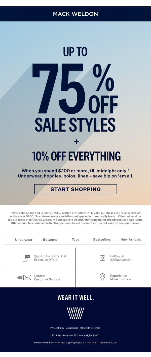 LAST CHANCE: Up to 75% off. email from Mack Weldon screenshot