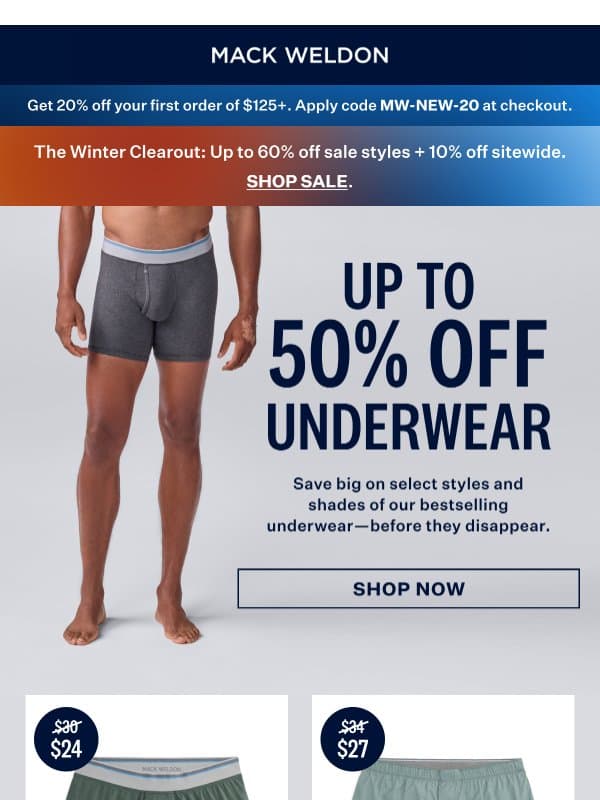Up to 50% off our top underwear. email from Mack Weldon