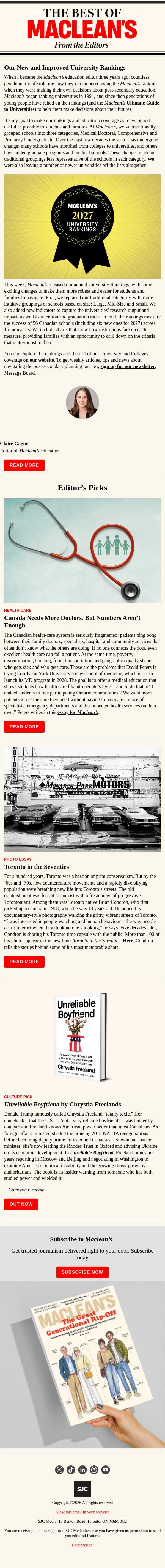 The 2027 University Rankings Are Out email from Maclean's screenshot