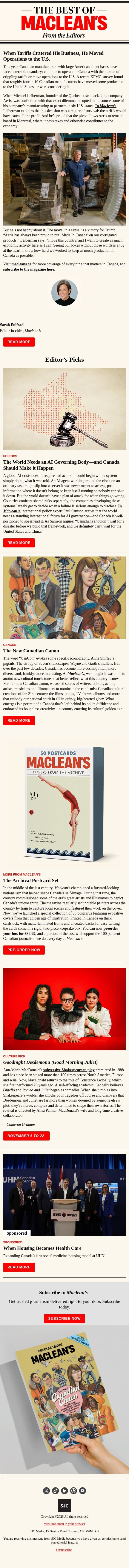 Why Canadian Manufacturing Is Moving to the U.S. email from Maclean's screenshot