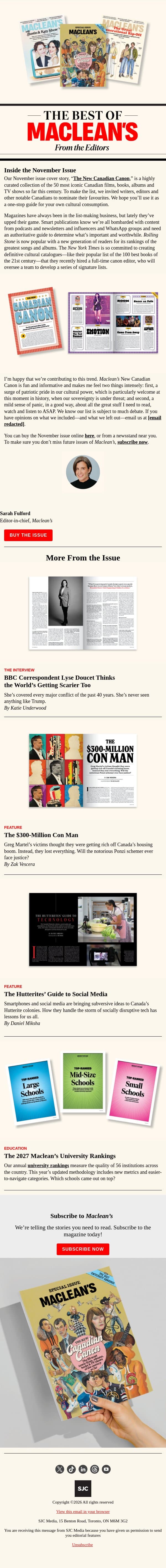 The New Canadian Canon email from Maclean's screenshot