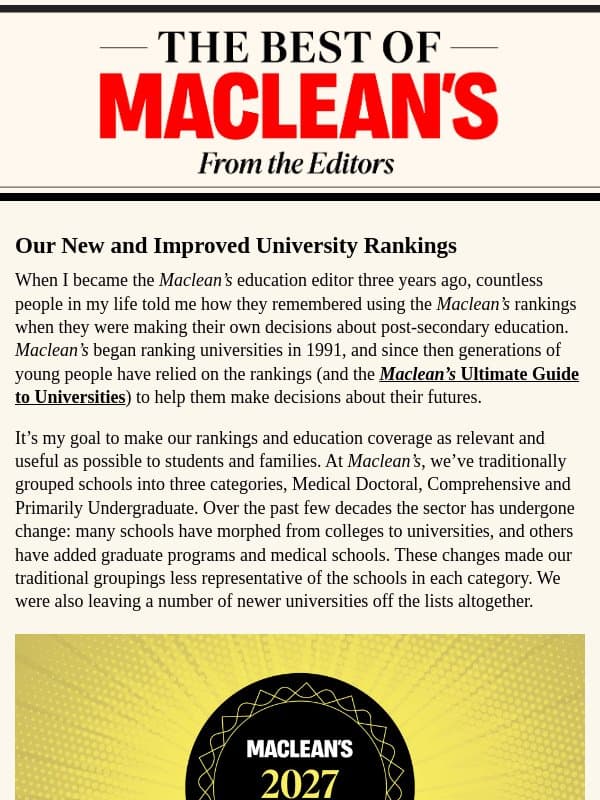 The 2027 University Rankings Are Out email from Maclean's