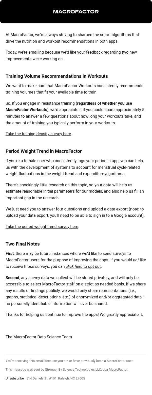 Contribute to MacroFactor algorithm improvements (training density and menstrual cycle weight fluctuations) email from MacroFactor screenshot
