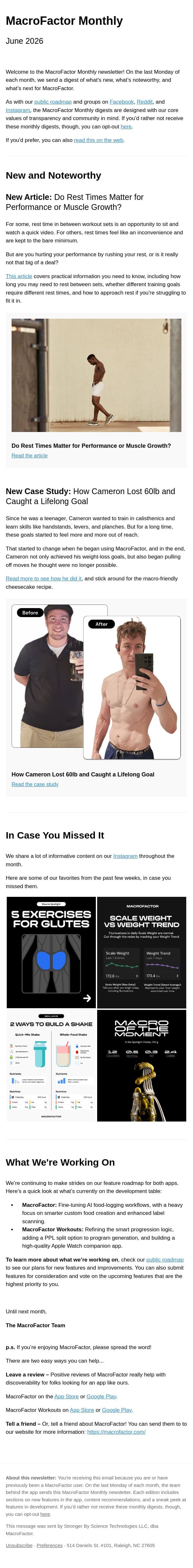 MacroFactor Monthly: Whether Rest Times Really Matter, How One User Lost 60lb, and Roadmap Updates email from MacroFactor screenshot