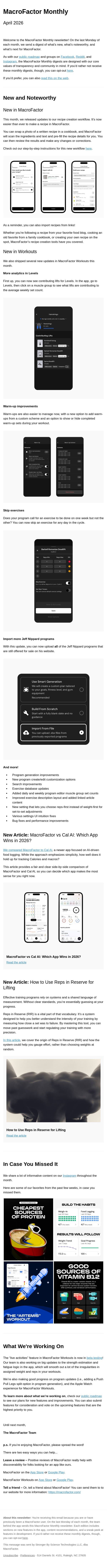 MacroFactor Monthly: Recipe creation updates, Workouts improvements, and MacroFactor vs Cal AI email from MacroFactor screenshot