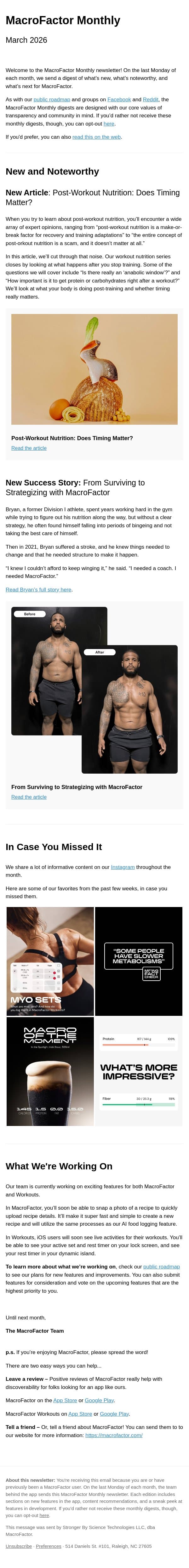 MacroFactor Monthly: Final Article in the Workout Nutrition Series, New Case Study, and Live Activity Coming Soon email from MacroFactor screenshot