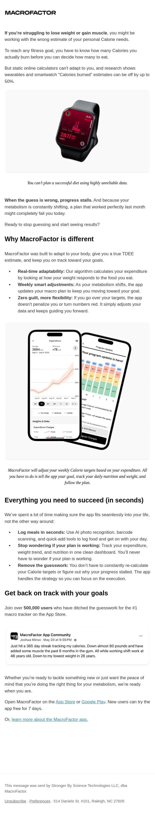 Your metabolism changed. Your plan should too. email from MacroFactor screenshot