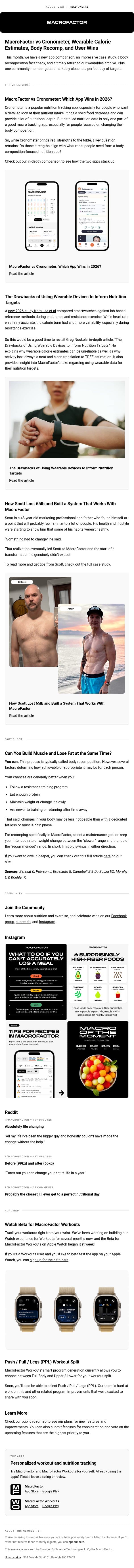 MacroFactor Monthly: MacroFactor vs Cronometer, Wearable Calorie Estimates, Body Recomp email from MacroFactor screenshot