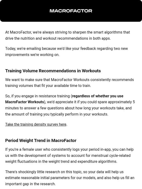 Contribute to MacroFactor algorithm improvements (training density and menstrual cycle weight fluctuations) email from MacroFactor