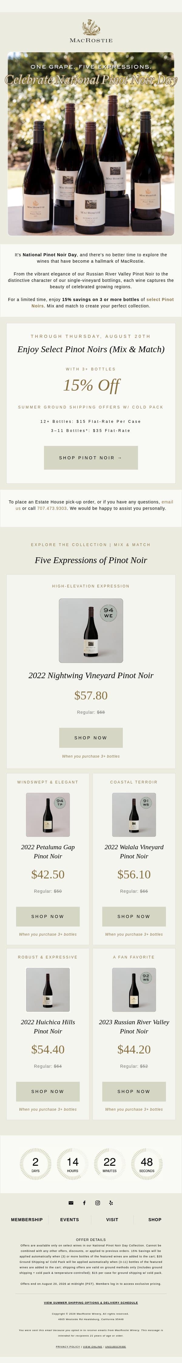 Three Days. Five Exceptional Pinot Noirs. 🍷 email from MacRostie Winery screenshot