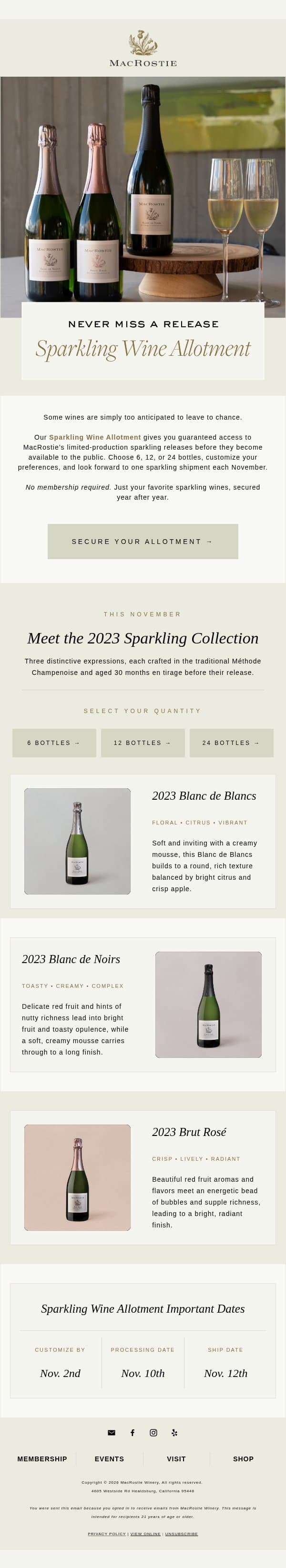 Never Miss a Sparkling Wine Release 🥂 email from MacRostie Winery screenshot