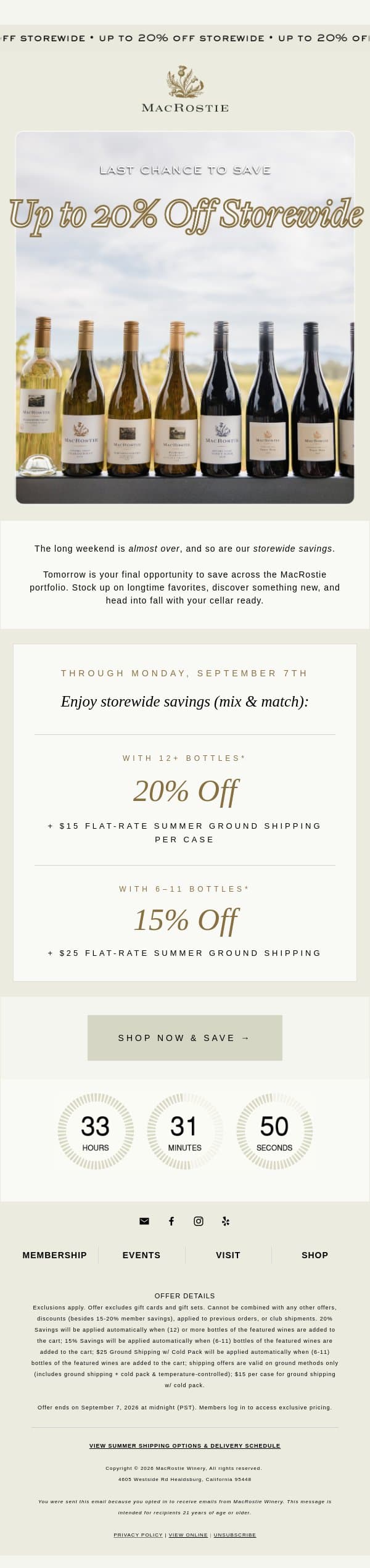 Last Call for Storewide Savings ⌛ email from MacRostie Winery screenshot