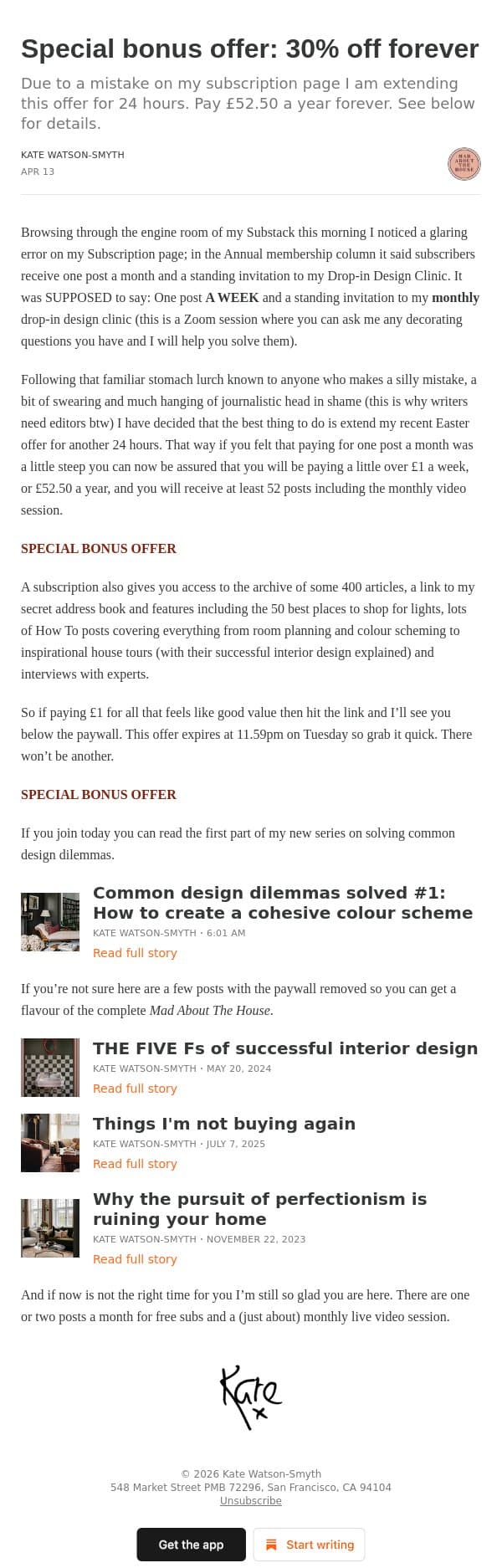 Special bonus offer: 30% off forever email from Mad About The House screenshot