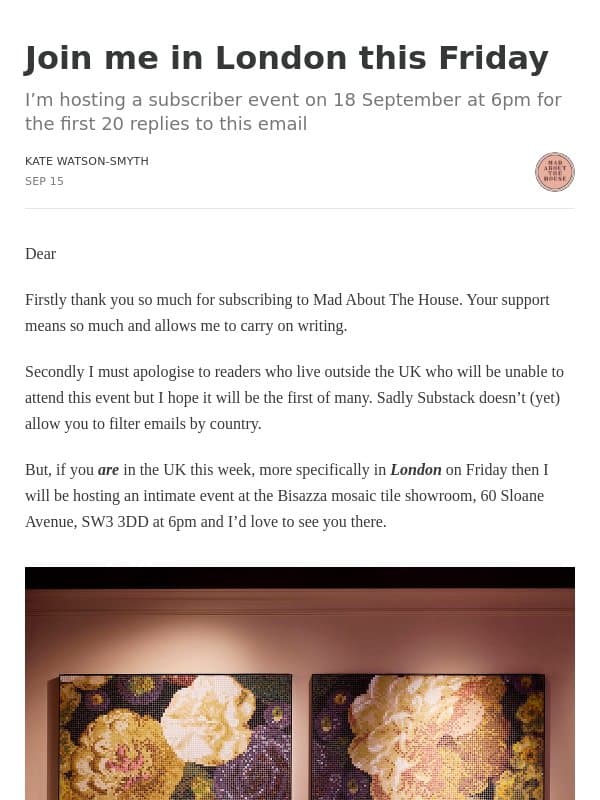 Join me in London this Friday email from Mad About The House