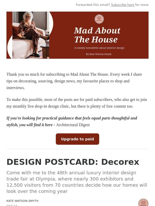 DESIGN POSTCARD: Decorex email from Mad About The House