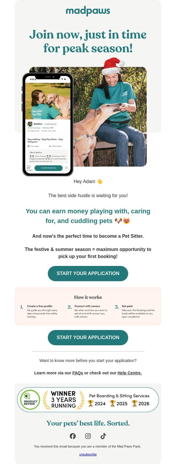 Want to turn pet cuddles into paychecks? đź’° email from Mad Paws screenshot