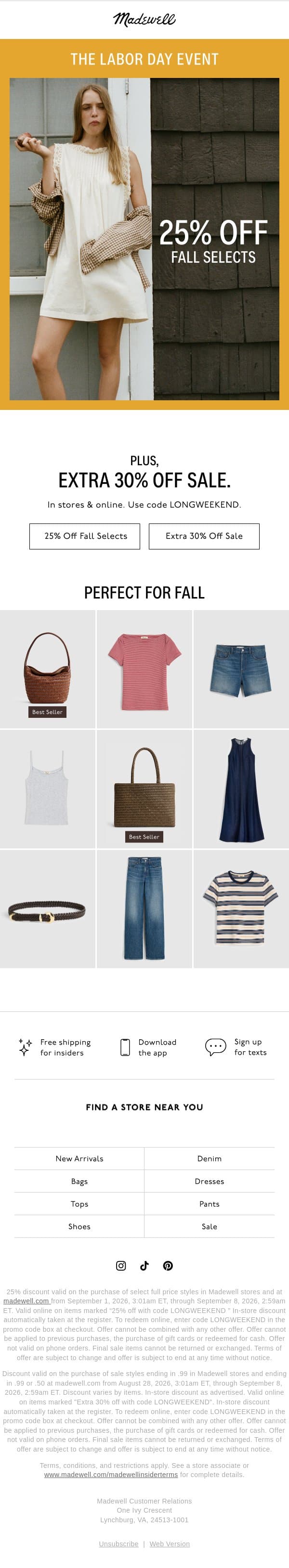 25% off fall selects starts now email from Madewell screenshot