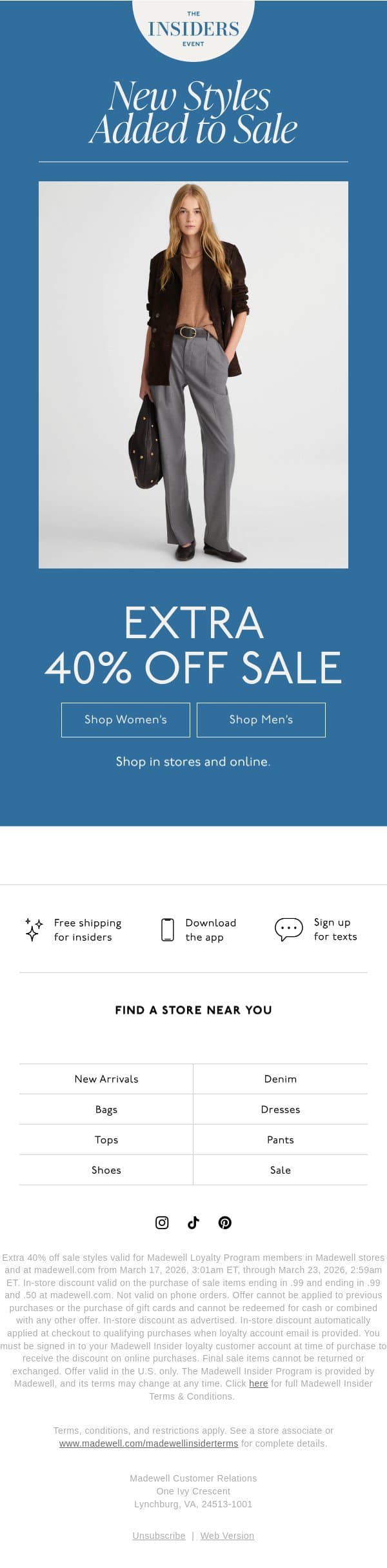 New styles added: extra 40% off sale email from Madewell screenshot