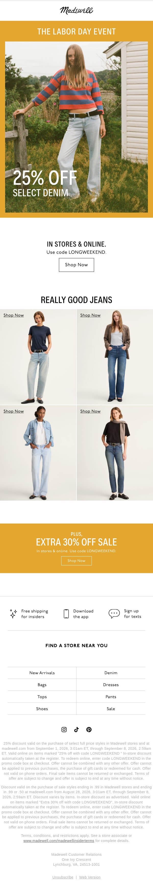 25% off select jeans email from Madewell screenshot