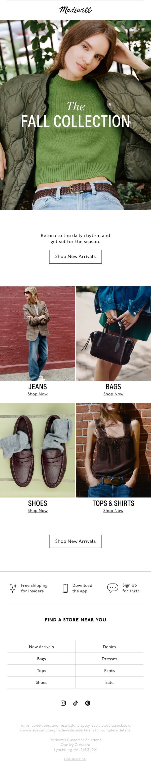 New fall arrivals email from Madewell screenshot