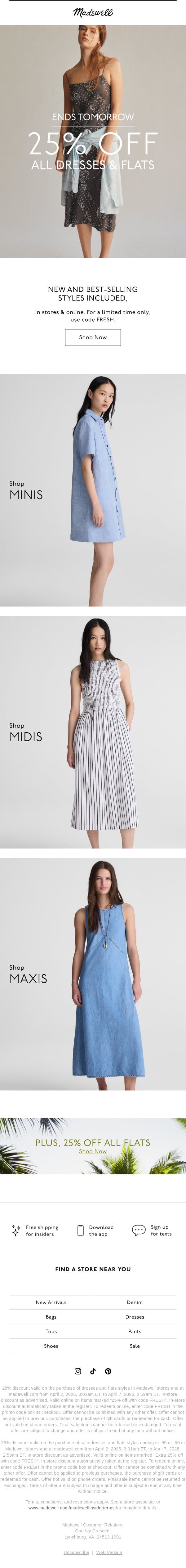 Ends tomorrow: 25% off all dresses and flats email from Madewell screenshot