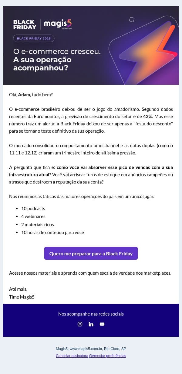 A Black Friday 2026 vai quebrar operações amadoras. email from Magis5 screenshot
