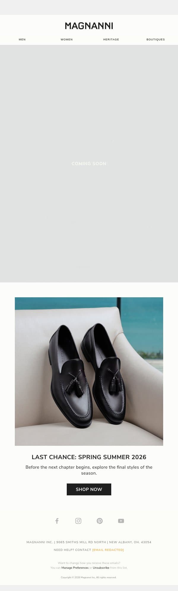 Upcoming: FALL WINTER 2026 email from Magnanni screenshot
