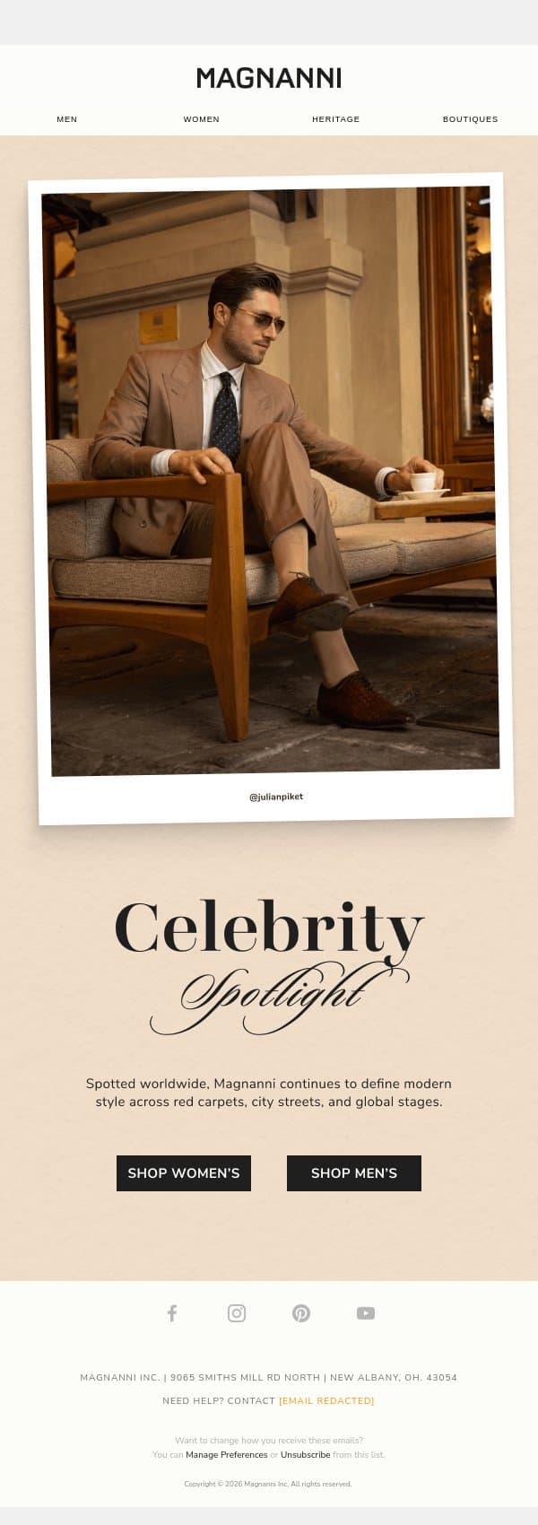 FW26 | Celebrity Spotlight email from Magnanni screenshot