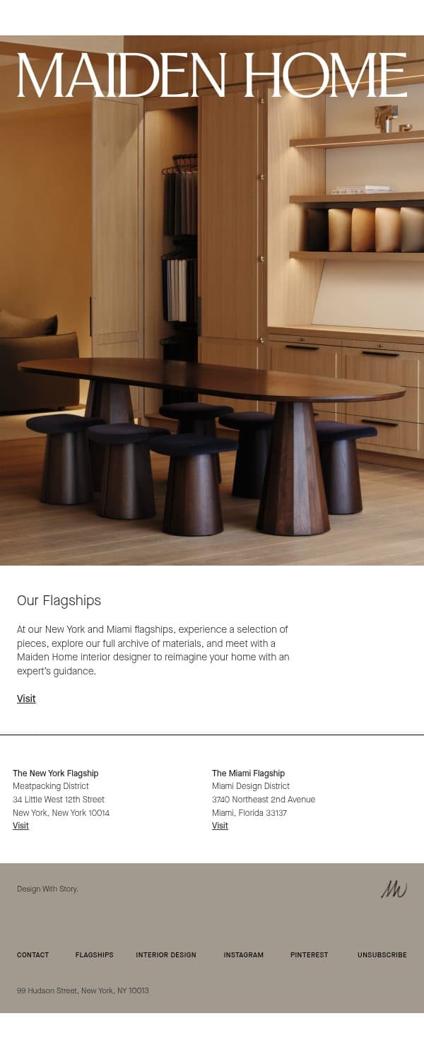 An Invitation to Visit our Flagships email from Maiden Home screenshot