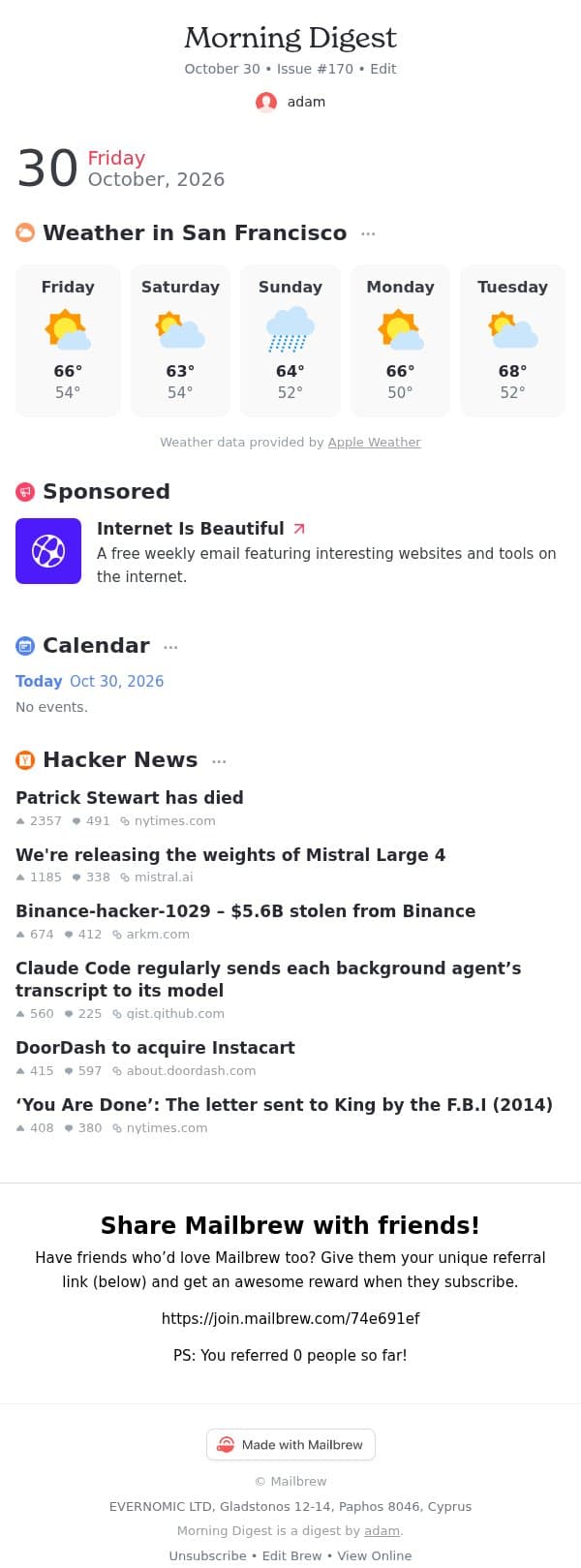 Morning Digest #170 email from Mailbrew screenshot