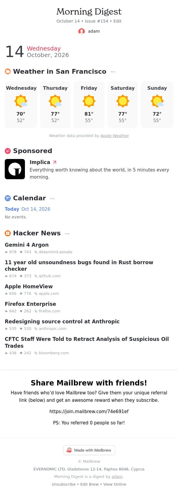 Morning Digest #154 email from Mailbrew screenshot