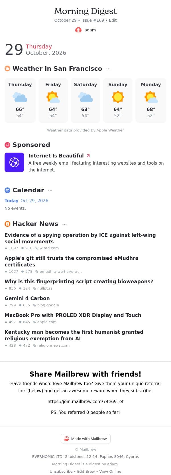 Morning Digest #169 email from Mailbrew screenshot