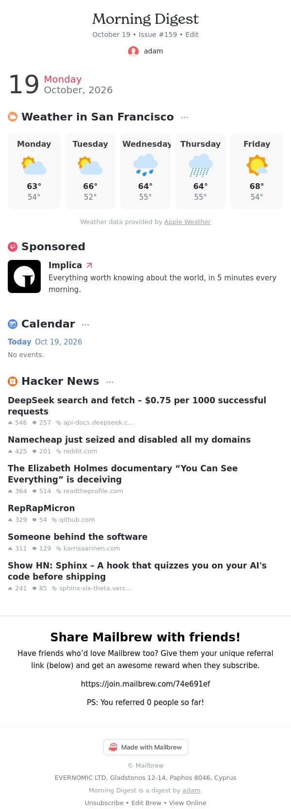 Morning Digest #159 email from Mailbrew screenshot
