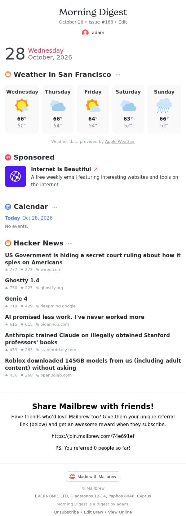 Morning Digest #168 email from Mailbrew screenshot