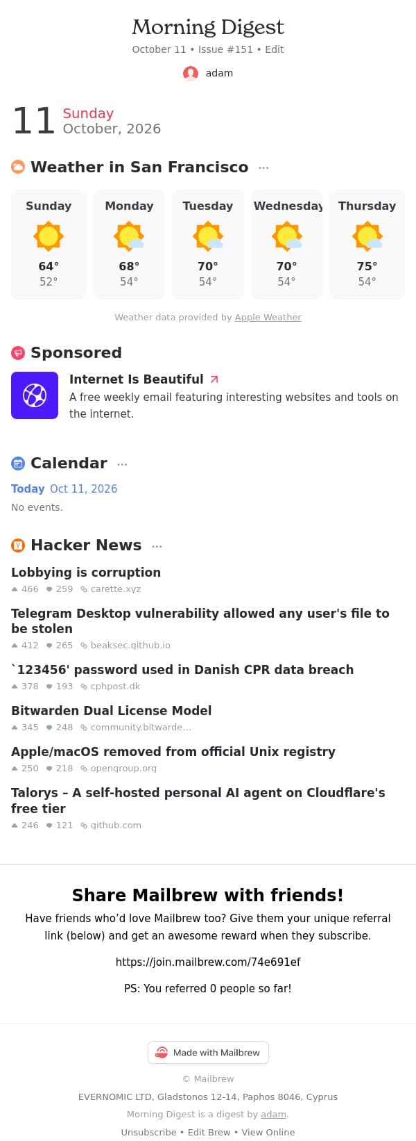 Morning Digest #151 email from Mailbrew screenshot
