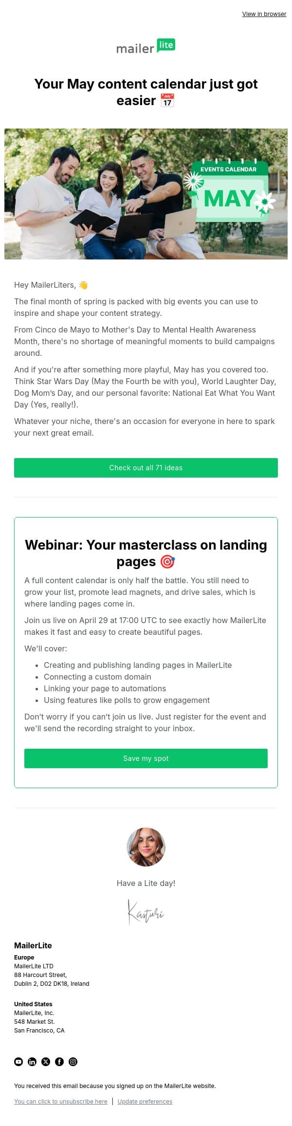 70+ email content ideas for May š§ email from MailerLite screenshot